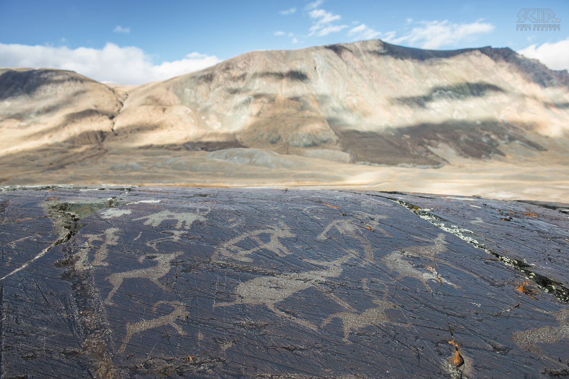 Altai Tavan Bogd - Prehistorische rotstekening Prehistorische rotskunst in Altai Tavan Bogd nationaal park in het westen van Mongolië. Deze rotstekeningen zijn waarschijnlijk uit de Neolithische periode en de Bronstijd. Het zijn tekeningen van wilde dieren zoals herten, steenbokken, sneeuwluipaarden, .. maar ook jachttaferelen met mensen te paard. Stefan Cruysberghs